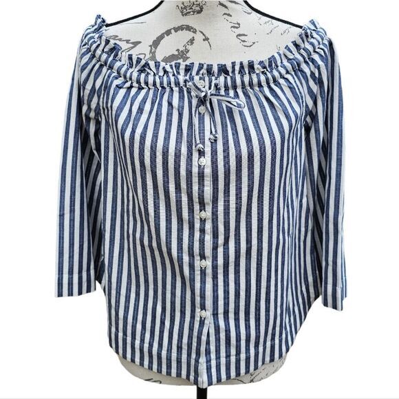 Madewell -622 NWT Shimmer Stripe Off-the-Shoulder Top White Blue H6707 Sz‎ Small - Picture 3 of 10